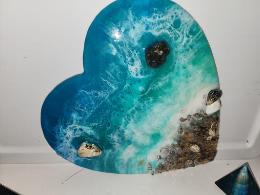 Epoxy wall art. Ocean themed heart design on wood