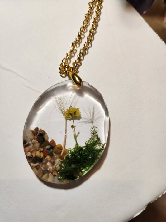 Under water scene with dandelion wish brooch with gold chain